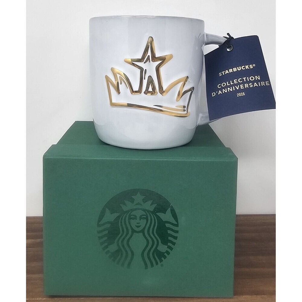 Starbucks Anniversary White Gold Crown Siren Ceramic Handle Mug 14oz 2016 NIB